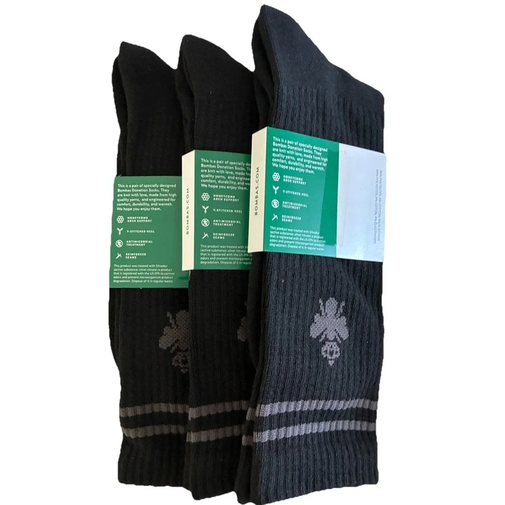BOMBAS Socks Men's XL Black Gray Stripe Calf Logo‎ (US 13.5-16) NEW Lot Of 3